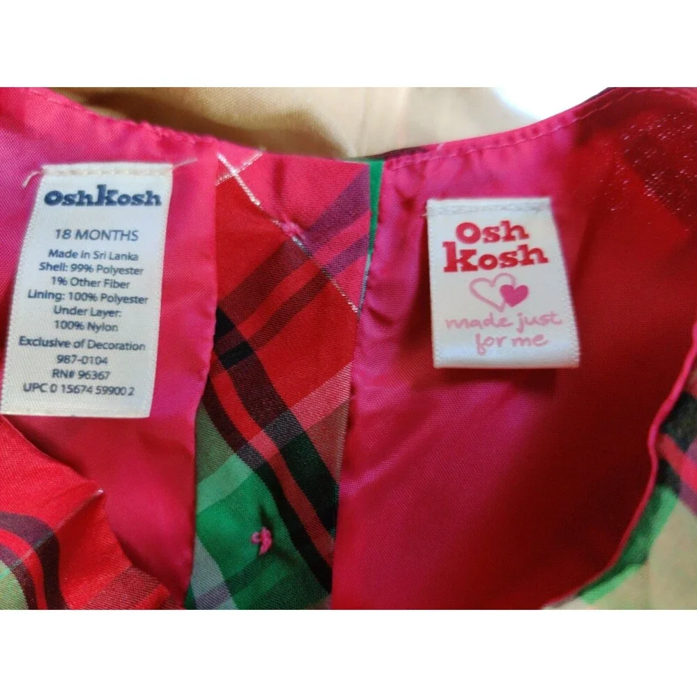 Girls Osh Kosh Red,Green pink plaid sleeveless crinoline twirly dress sz 18 mo